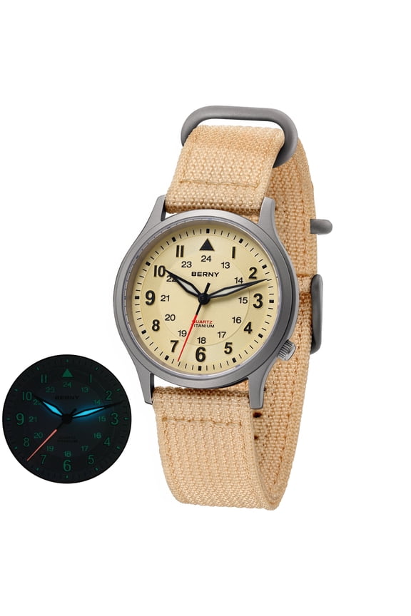 Titanium Watches for Men, Japanese Quartz Movement Men's Field Watch, 5ATM Waterproof Military Wristwatch for Men, Analog Sport Watches, Beige