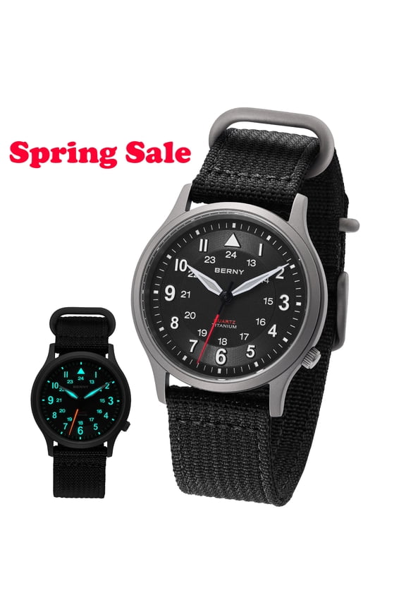 Titanium Watches for Men, Japanese Quartz Movement Men's Field Watch, 5ATM Waterproof Military Wristwatch for Men, Analog Sport Watches, Black