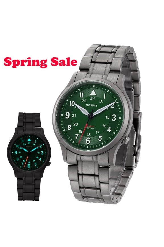 Titanium Watches for Men, Japanese Quartz Movement Men's Field Watch, 5ATM Waterproof Military Wristwatch for Men, Analog Sport Watches with Super Luminous, Green