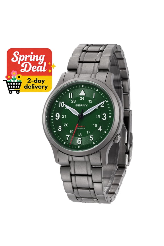 Titanium Watches for Men, Japanese Quartz Movement Men's Field Watch, 5ATM Waterproof Military Wristwatch for Men, Analog Sport Watches with Super Luminous, Green