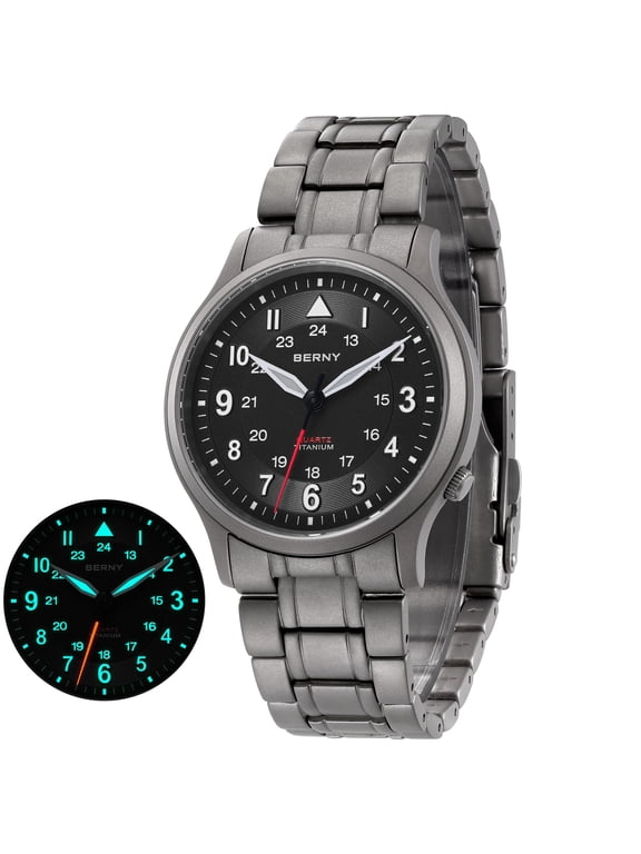 Men's Titanium Watch, Sport Field Watch with Japanese Quartz Movement, Sapphire Crystal, Super Luminous, 5ATM Water Resistant Military Wristwatch, Black