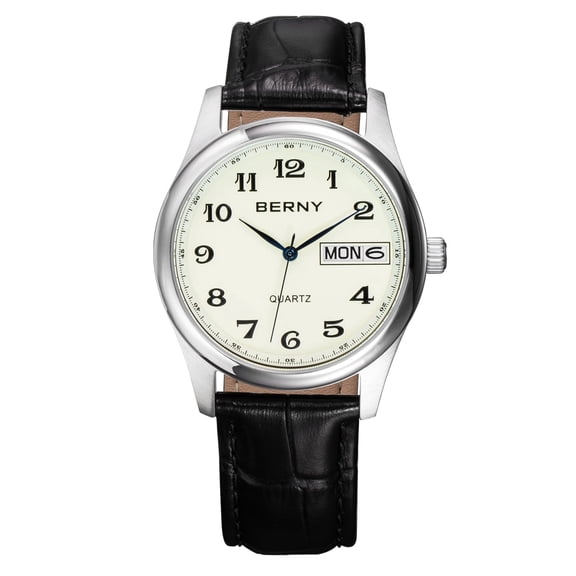 BERNY Watch for Men, Fashion Men's Wrist Watch with Leather Strap, Arabic Numerals Dial, Day & Date Calendar, 3ATM Waterproof, Business Men's Analog Quartz Watch, Yellow