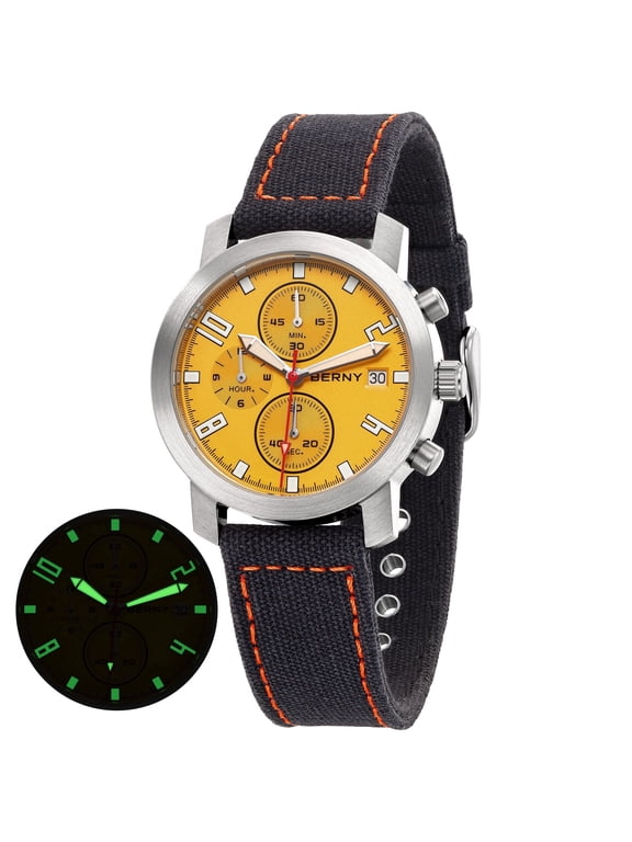 Men's Chronograph Watch, Casual Wristwatch with Canvas Strap, Date, Sapphire Crystal, Super Luminous, 5ATM Water Resistance, Orange