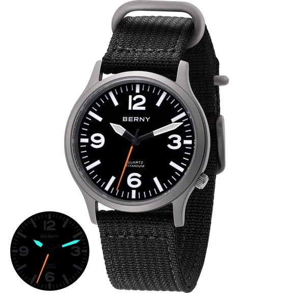 BERNY Watches for Men Military Sport Nylon Strap Titanium Field Watch with Sapphire Crystal Luminous Fashion Analog Quartz Watch Easy to Read 50M Waterproof Army Tactical Casual Wristwatch (Black)