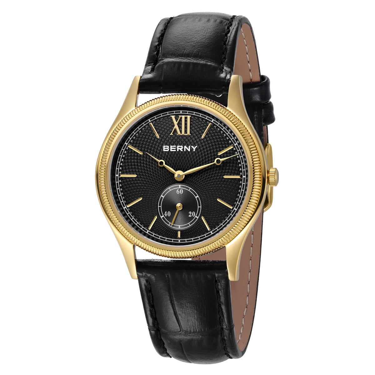 BERNY Watches for Men, Ultra-Thin Minimalist Leather Watch, Stainless Steel Case, Waterproof Analog Quartz Watch, Business Dress Watches with Small Seconds (Black)