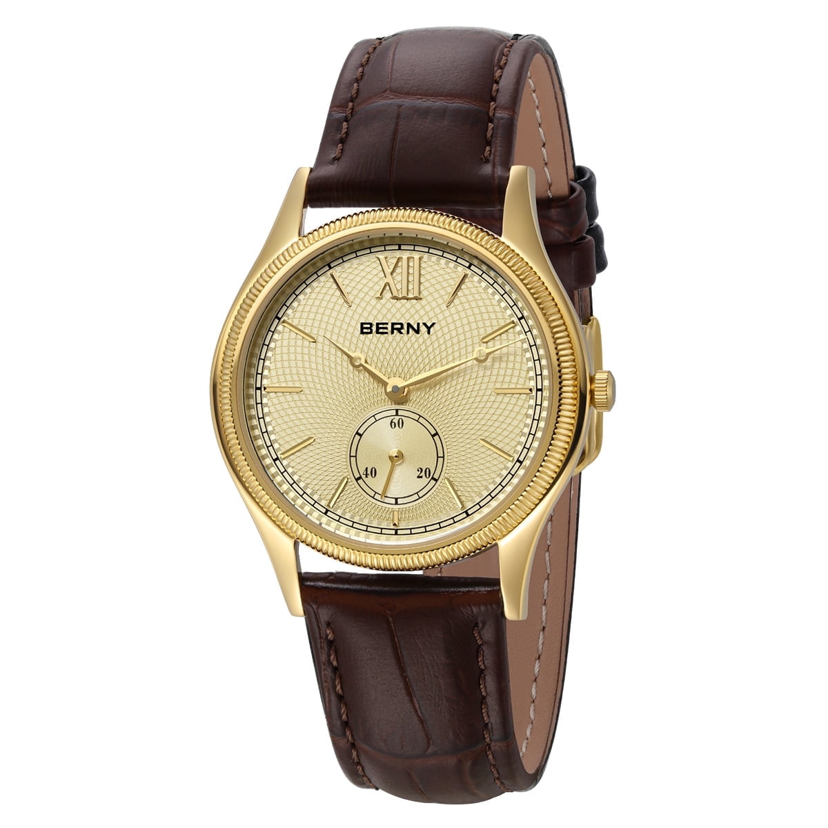 BERNY Watches for Men, Ultra-Thin Minimalist Leather Watch, Stainless Steel Case, Waterproof Analog Quartz Watch, Business Dress Watches with Small Seconds (Gold)