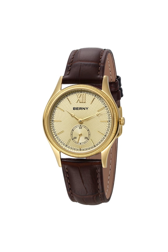 Watches for Men, Ultra-Thin Minimalist Leather Watch, Stainless Steel Case, Waterproof Analog Quartz Watch, Business Dress Watches with Small Seconds (Gold)