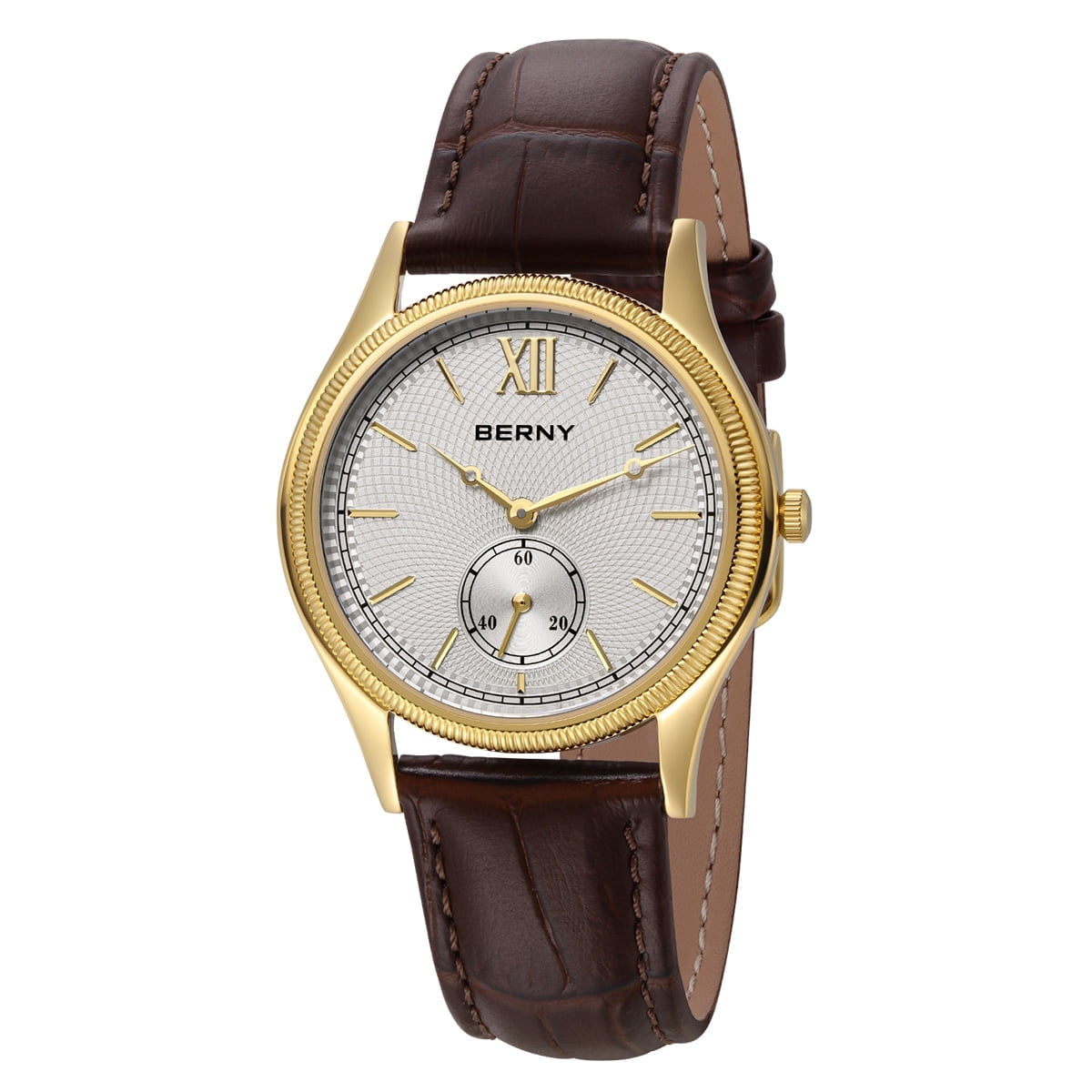 BERNY Watches for Men, Ultra-Thin Minimalist Leather Watch, Stainless Steel Case, Waterproof Analog Quartz Watch, Business Dress Watches with Small Seconds (White)