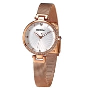 BERNY Small Rose Gold Watches for Women, Dainty Womens Wrist Watch with Stainless Steel Mesh Band, 3ATM Waterproof, Vintage Ladies Analog Quartz Watches, White
