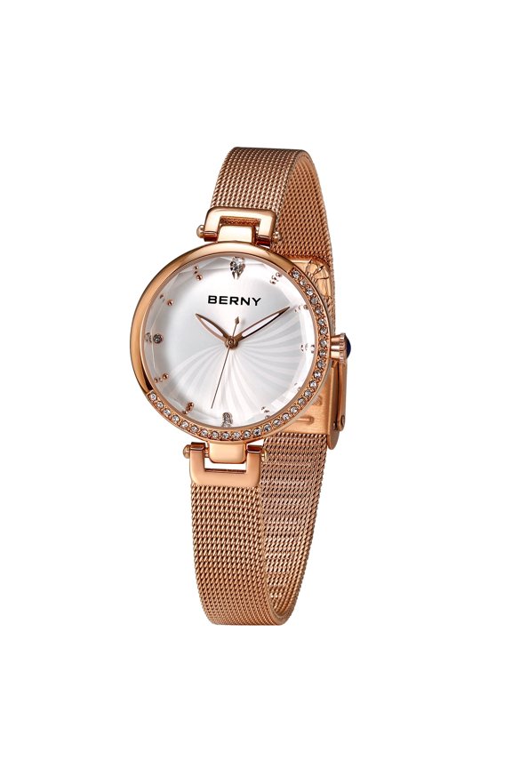 Women's Minimalist Rose Gold Watch, Stainless Steel Mesh Band, Miyota 2035 Movement, 3ATM Waterproof Ladies Wristwatch