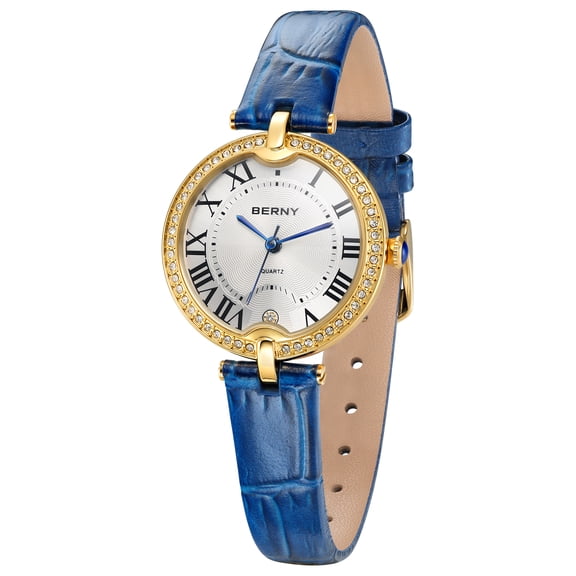 BERNY Quartz Watch for Women, Dainty Women's Crystal Bezel Watch, Roman Numerals Dial, Sapphire Lens, Genuine Leather Strap, 3ATM Waterproof, Vintage Dress Ladies Wristwatch, Blue