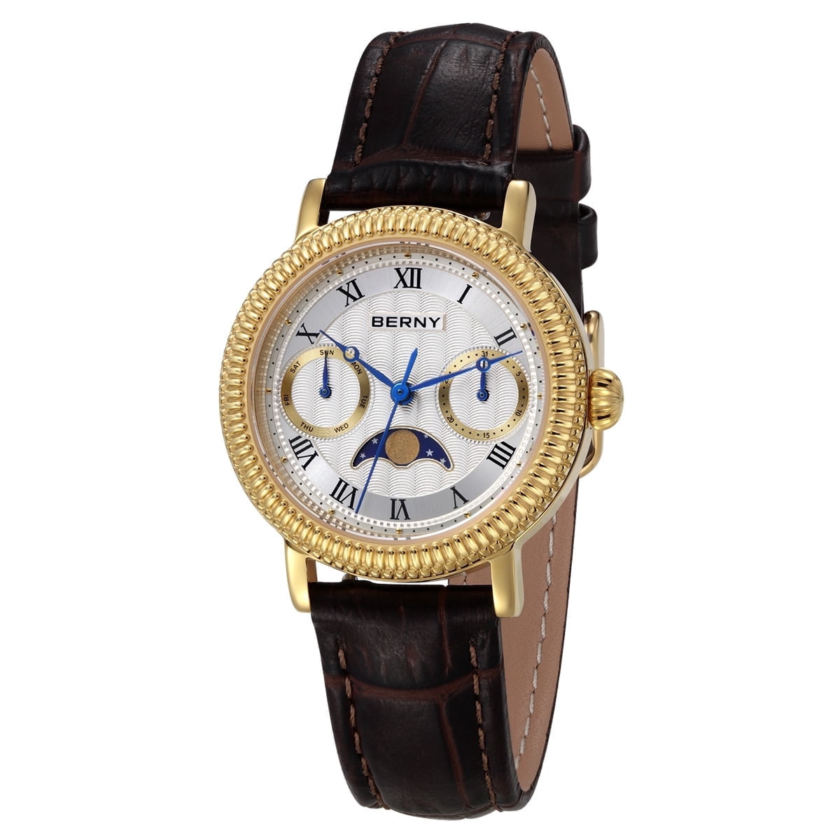 BERNY Womens Leather Watch, Vintage Roman Numerals Luxury Moon Phase Watch with Day & Date, Stainless Steel, Sapphire Crystal, Waterproof, Fashion Dress Analog Quartz Wrist Watches for Women (Gold)