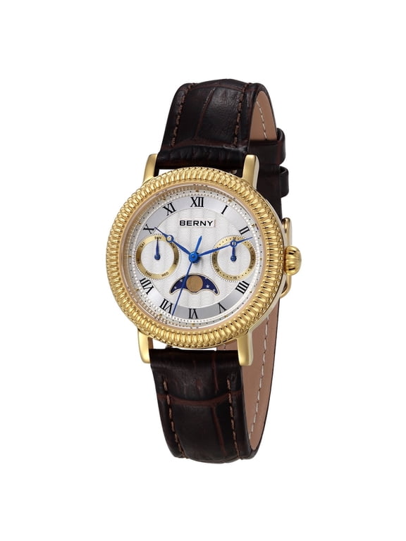 Womens Leather Watch, Vintage Roman Numerals Luxury Moon Phase Watch with Day & Date, Stainless Steel, Sapphire Crystal, Waterproof, Fashion Dress Analog Quartz Wrist Watches for Women (Gold)