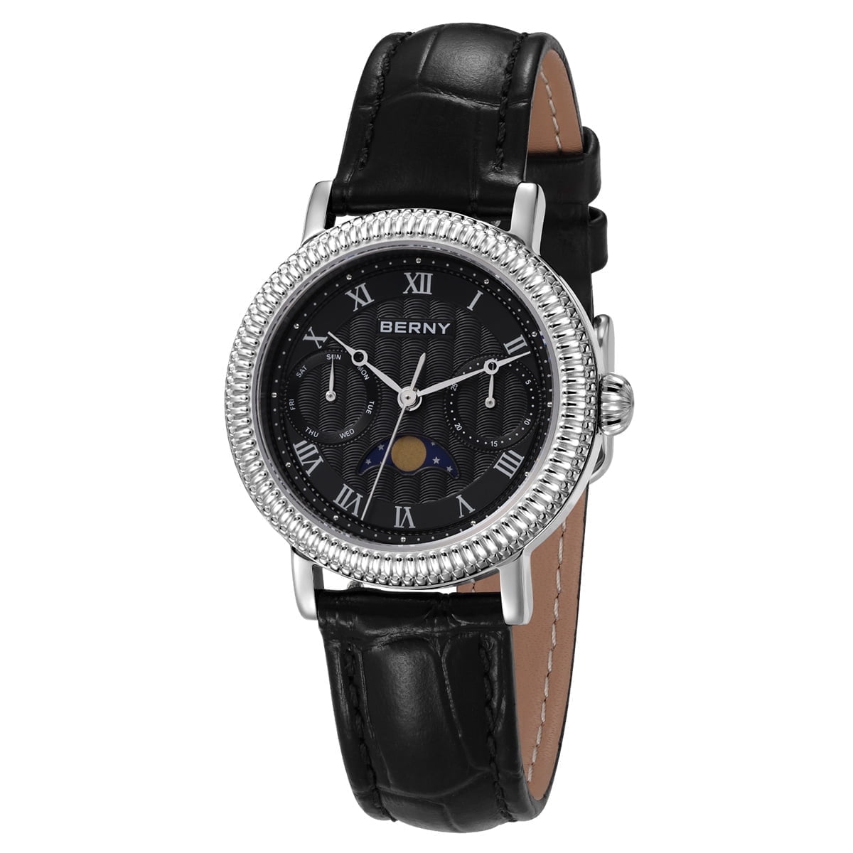 BERNY Womens Leather Watch, Vintage Roman Numerals Luxury Moon Phase Watch with Day & Date, Stainless Steel, Sapphire Crystal, Waterproof, Fashion Dress Analog Quartz Wrist Watches for Women (Silver)