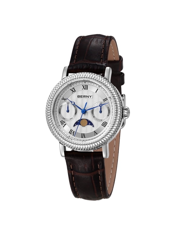 Womens Leather Watch, Vintage Roman Numerals Luxury Moon Phase Watch with Day & Date, Stainless Steel, Sapphire Crystal, Waterproof, Fashion Dress Analog Quartz Wrist Watches for Women (Silver)