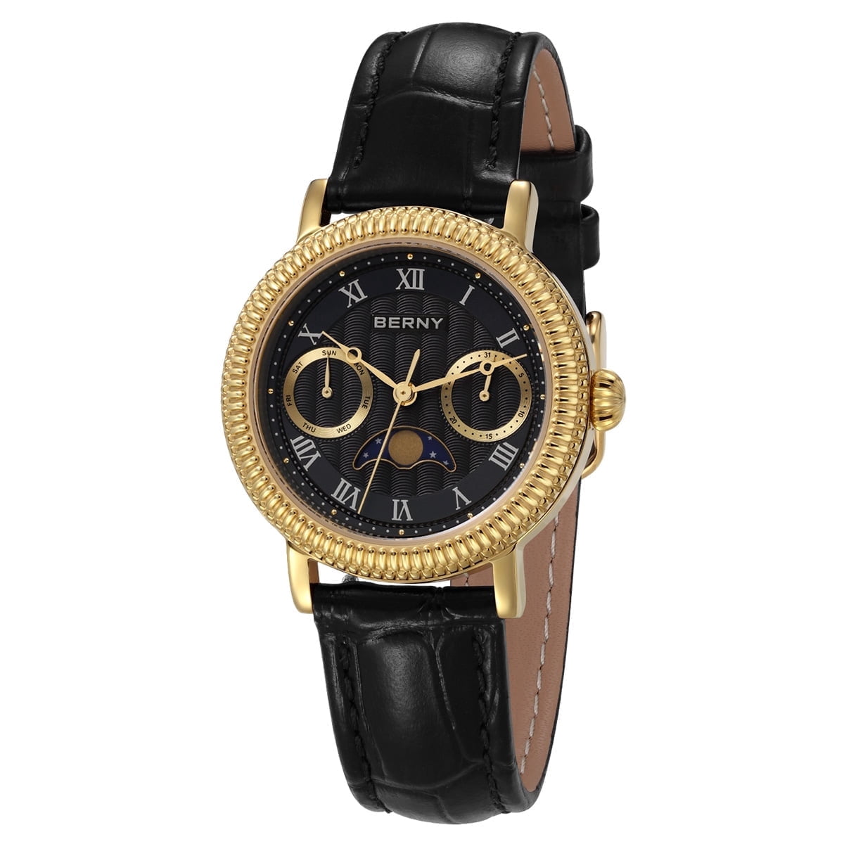 BERNY Womens Leather Watch, Vintage Roman Numerals Luxury Moon Phase Watch with Day & Date, Stainless Steel, Sapphire Crystal, Waterproof, Fashion Dress Analog Quartz Wrist Watches for Women (Gold)