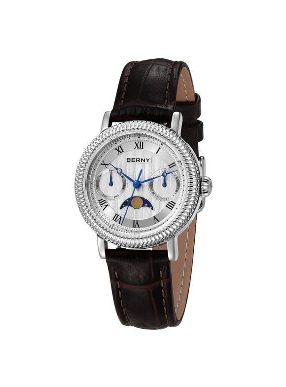 Womens Leather Watch, Vintage Roman Numerals Luxury Moon Phase Watch with Day Date, Stainless Steel, Sapphire Crystal, Waterproof, Fashion Dress Analog Quartz Wrist Watches for Women (Silver)