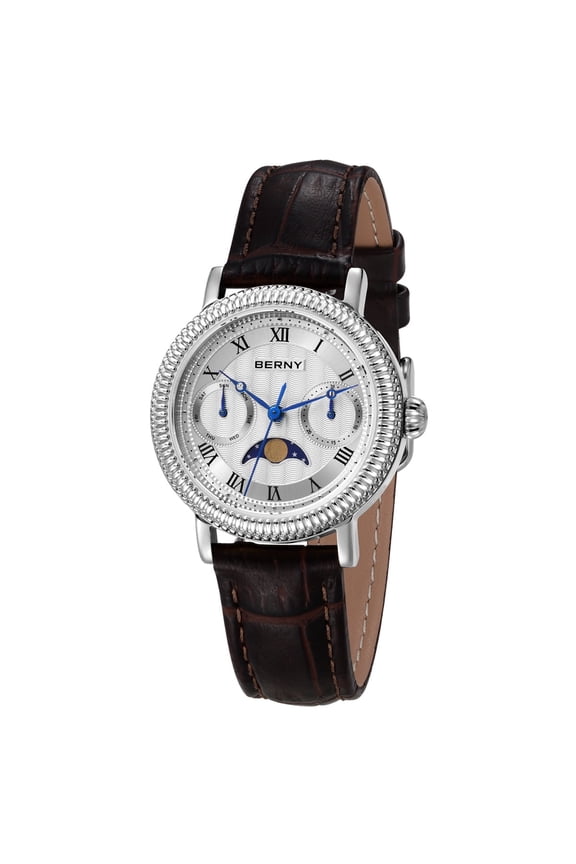 Womens Leather Watch, Vintage Roman Numerals Luxury Moon Phase Watch with Day Date, Stainless Steel, Sapphire Crystal, Waterproof, Fashion Dress Analog Quartz Wrist Watches for Women (Silver)