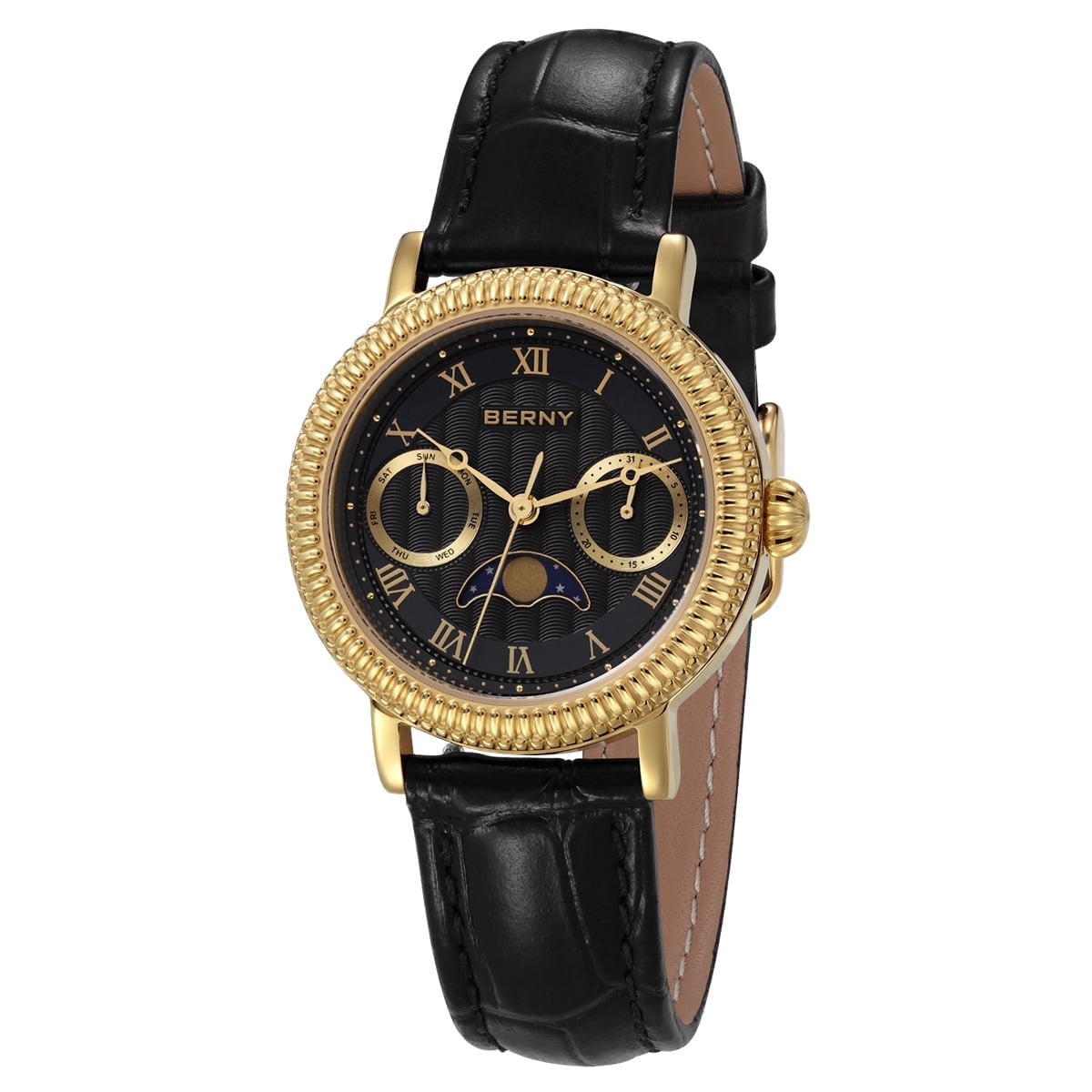 BERNY Womens Leather Watch, Vintage Roman Numerals Luxury Moon Phase Watch with Day & Date, Stainless Steel, Sapphire Crystal, Waterproof, Fashion Dress Analog Quartz Wrist Watches for Women (Gold)