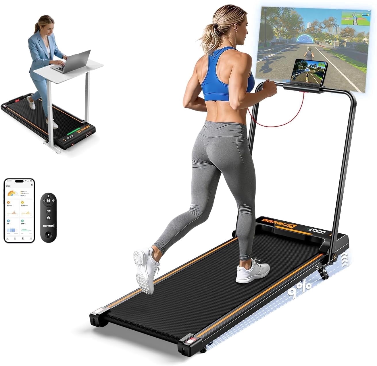 BEROCA Foldable Treadmill with Handle, 3HP Small Treadmill for Small Space Home Office, 300 lbs Under Desks Walk Pad with Handle Incline APP 3 Colors Lights