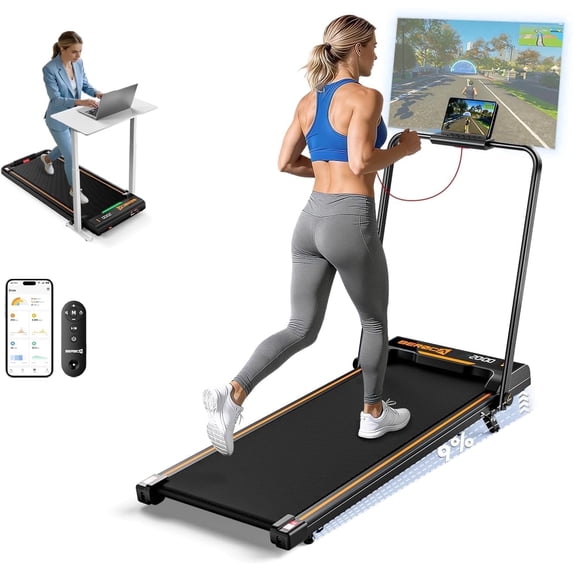 BEROCA Foldable Treadmill with Handle, 3HP Small Treadmill for Small Space Home Office, 300 lbs Under Desks Walk Pad with Handle Incline APP 3 Colors Lights
