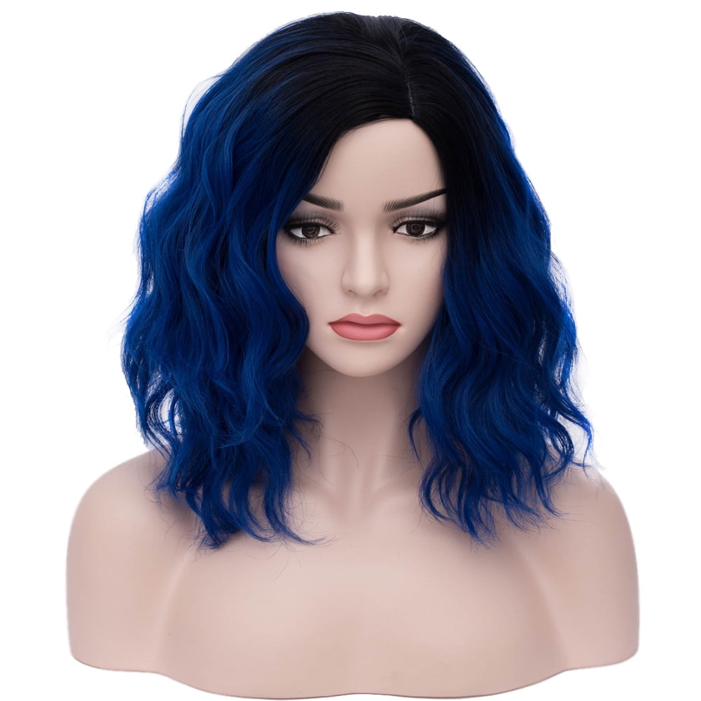 BERON Black Blue Short Wigs Women Girls Curly Wavy Hair Wig 14" Body Bob Cosplay Party or Daily Use Wigs