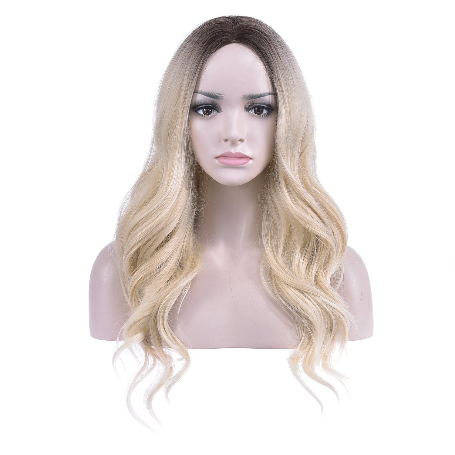 BERON Black Ombre Light Blonde Wigs Long Wavy Wig for Women Middle Part Wig Synthetic Heat Resistant Hair Wigs for Daily Use