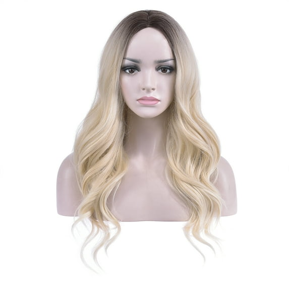 BERON Black Ombre Light Blonde Wigs Long Wavy Wig for Women Middle Part Wig Synthetic Heat Resistant Hair Wigs for Daily Use
