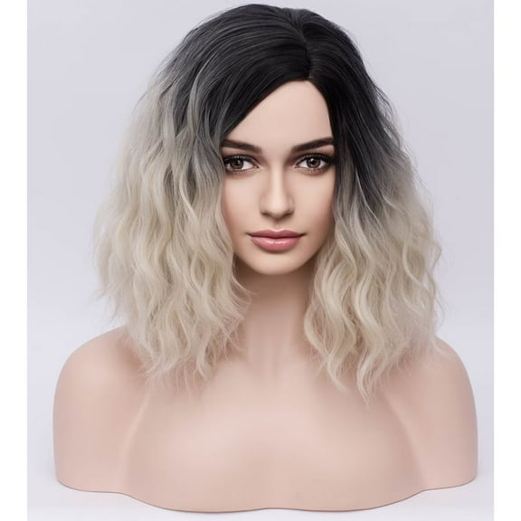 BERON Black Ombre Platinum Short Curly Wavy Hair Wig Women Girls Side Part Shoulder Length Synthetic Wigs for Party Daily or Cosplay