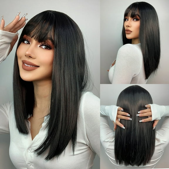 BERON Black Straight Wigs Middle Length Hair Wig for Women Wigs with Bangs Synthetic Daily Use Wigs Wig Cap Include