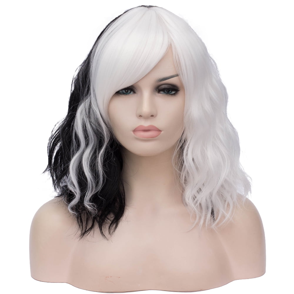 BERON Black White Short Wigs Curly Wavy Women Wig with Side Part Bangs Synthetic Hair Wigs