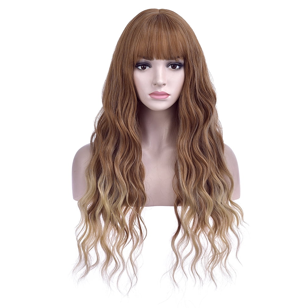 BERON Blonde Brown Wavy Wigs Women Long Wig with Bangs 28'' Wavy Curly Synthetic Wigs
