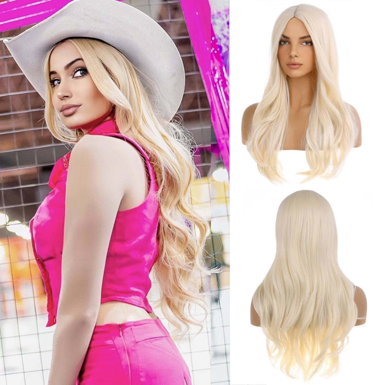 BERON Blonde Long Middle Part Curly Wavy Wigs for Women Girls Light Blonde Hair Heat Resistant Synthetic Fiber Wigs for Cosplay or Daily with Wig Cap