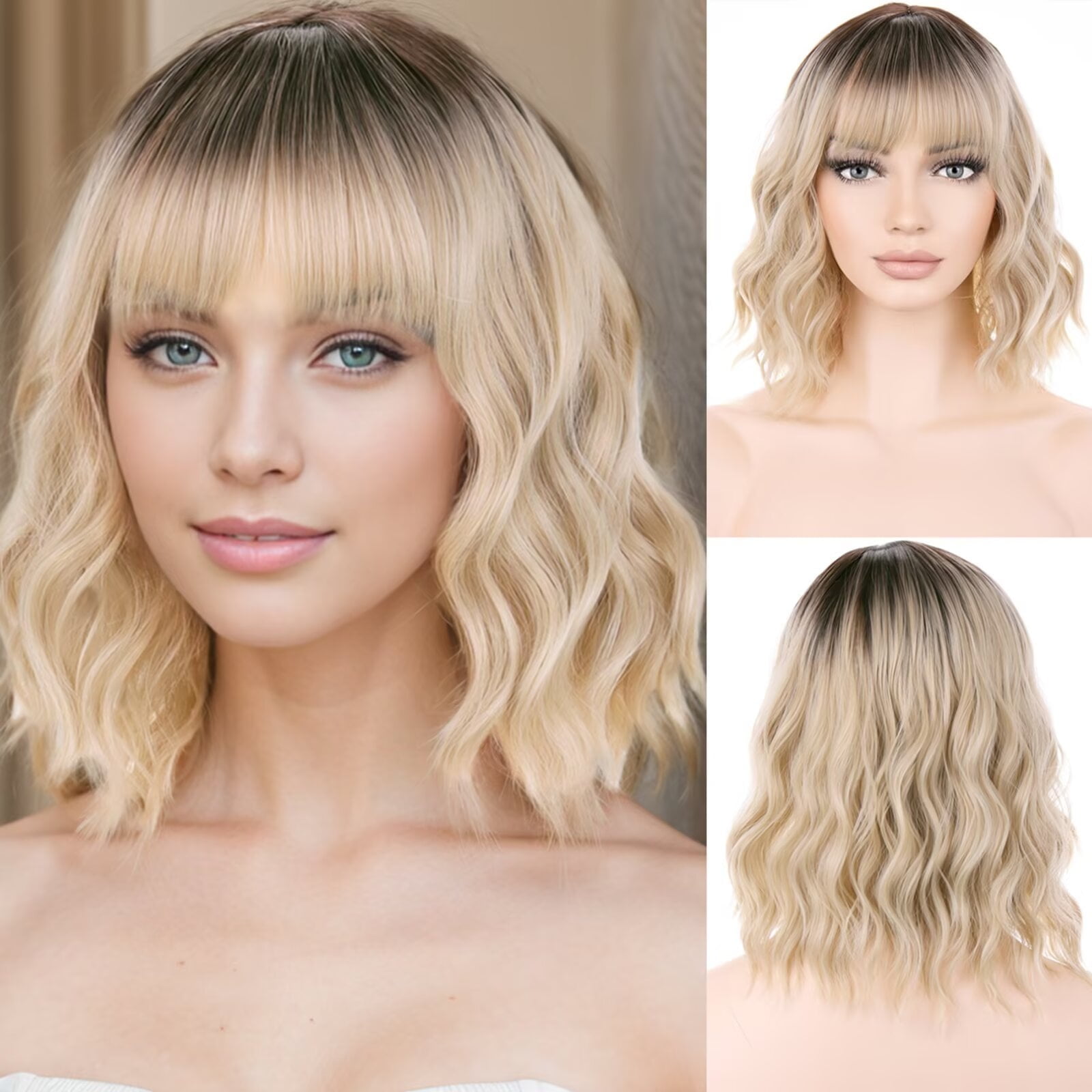BERON Blonde Short Curly Wavy Bob with Bangs Wig for Womens Girls Ombre Blond Heat Resistant Synthetic Hair Wigs for Cosplay Costume and Daily