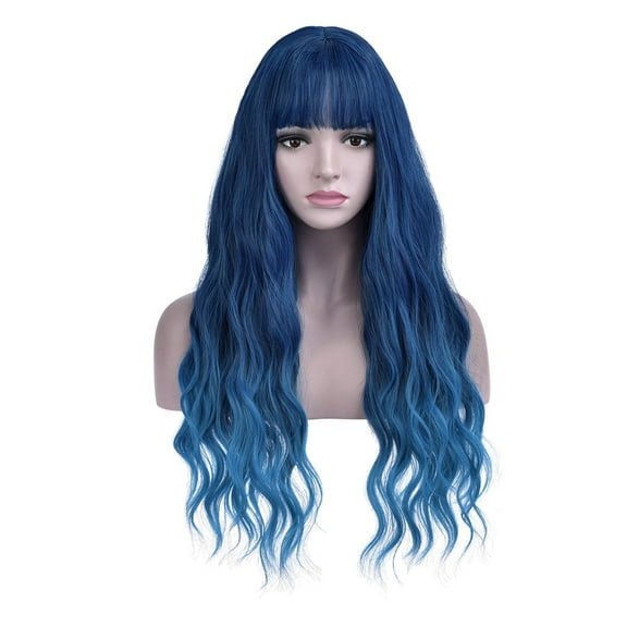 BERON Blue Wavy Wigs Women Long Wig with Bangs 28'' Wavy Curly Synthetic Wigs