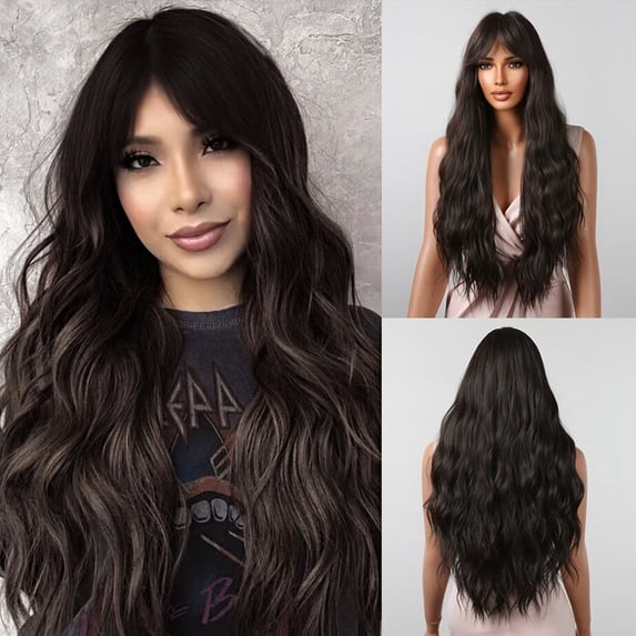 BERON Brown Long Wavy Wigs for Women Girls Curly with Bangs Synthetic Wigs for Cosplay Party or Daily Wigs Wig Cap Included 28 Inches