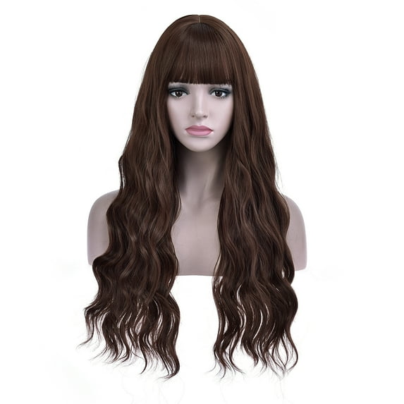 BERON Brown Wavy Wigs Women Long Wig with Bangs 28'' Wavy Curly Synthetic Wigs