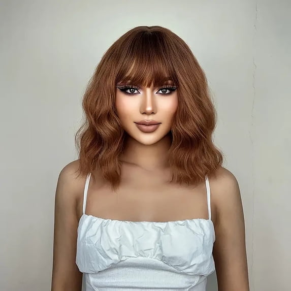 BERON Chocolate Brown Wig Short Curly Wavy Bob Wig With Bangs for Women Natural Looking Synthetic Heat Resistant Fiber Wig for Daily Party Use