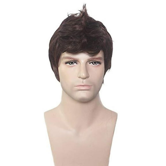 BERON Dark Brown Short Straight Hair Wig for Men Heat Resistant Synthetic Wigs for Boys for Cosplay Party Daily with Wigs Cap