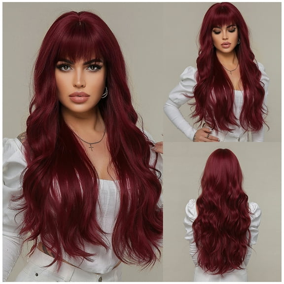 BERON Dark Red Wigs Long Wavy Women Wigs with Bangs Curly Heat Resistant Synthetic Wigs for Daily orParty Wigs Wig Cap Included