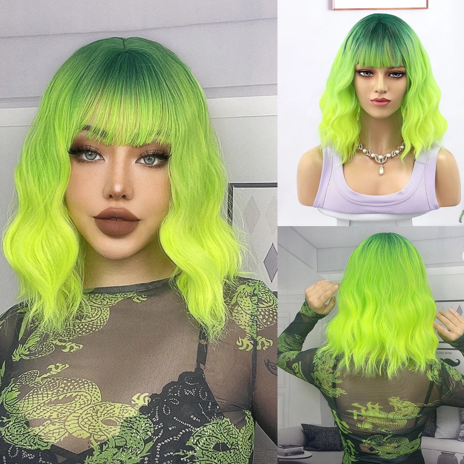 BERON Green Ombre Wigs Short Curly Bob Wig with Bangs Wavy Hair