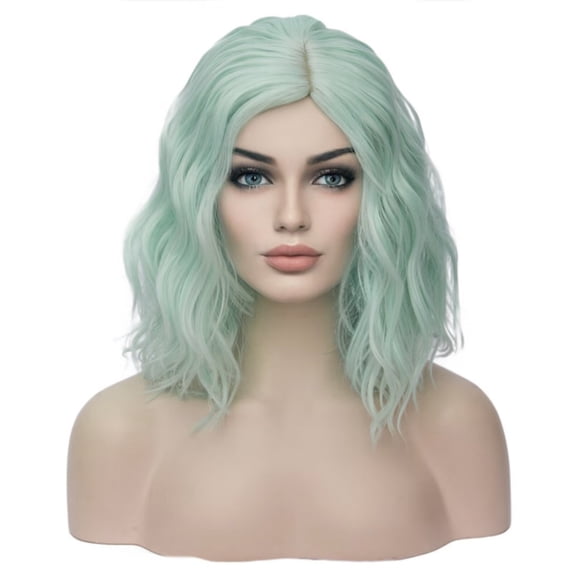BERON Green Short Curly Bob Wavy Wig for Women Girls Mint Green Colored Body Wave Heat Resistant Synthetic Cosplay Party or Daily Wigs