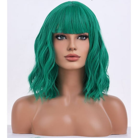 BERON Green Short Wavy Bob Wig with Bangs for Women Girls Shoulder Length Curly Wave Heat Resistant Synthetic Wigs for Cosplay Party or Daily