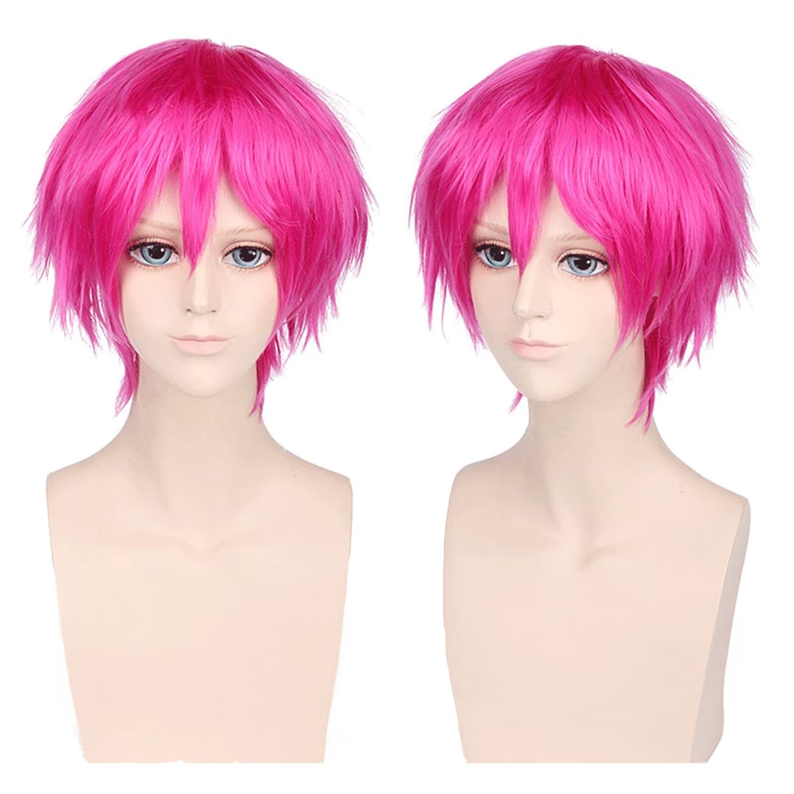 BERON Hot Pink Short Straight Wig with Bangs for Men Women Pink Heat Resistant Synthetic Anime Cosplay 12 Inches Wigs Include Wig Cap