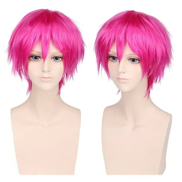 BERON Hot Pink Short Straight Wig with Bangs for Men Women Pink Heat Resistant Synthetic Anime Cosplay 12 Inches Wigs Include Wig Cap