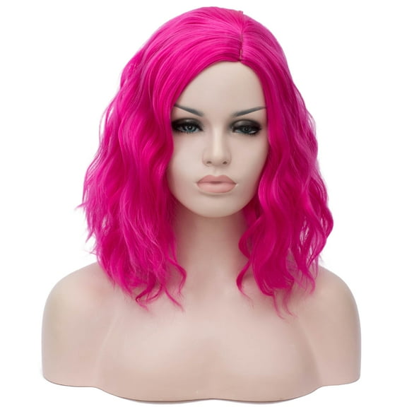 BERON Hot Pink Short Wigs Women Girls Curly Wavy Hair Wig 14" Body Bob Cosplay Party or Daily Use Wigs