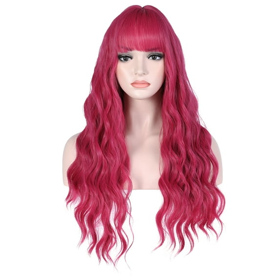 BERON Hot Pink Wavy Wigs Women Long Wig with Bangs 28'' Wavy Curly Synthetic Wigs