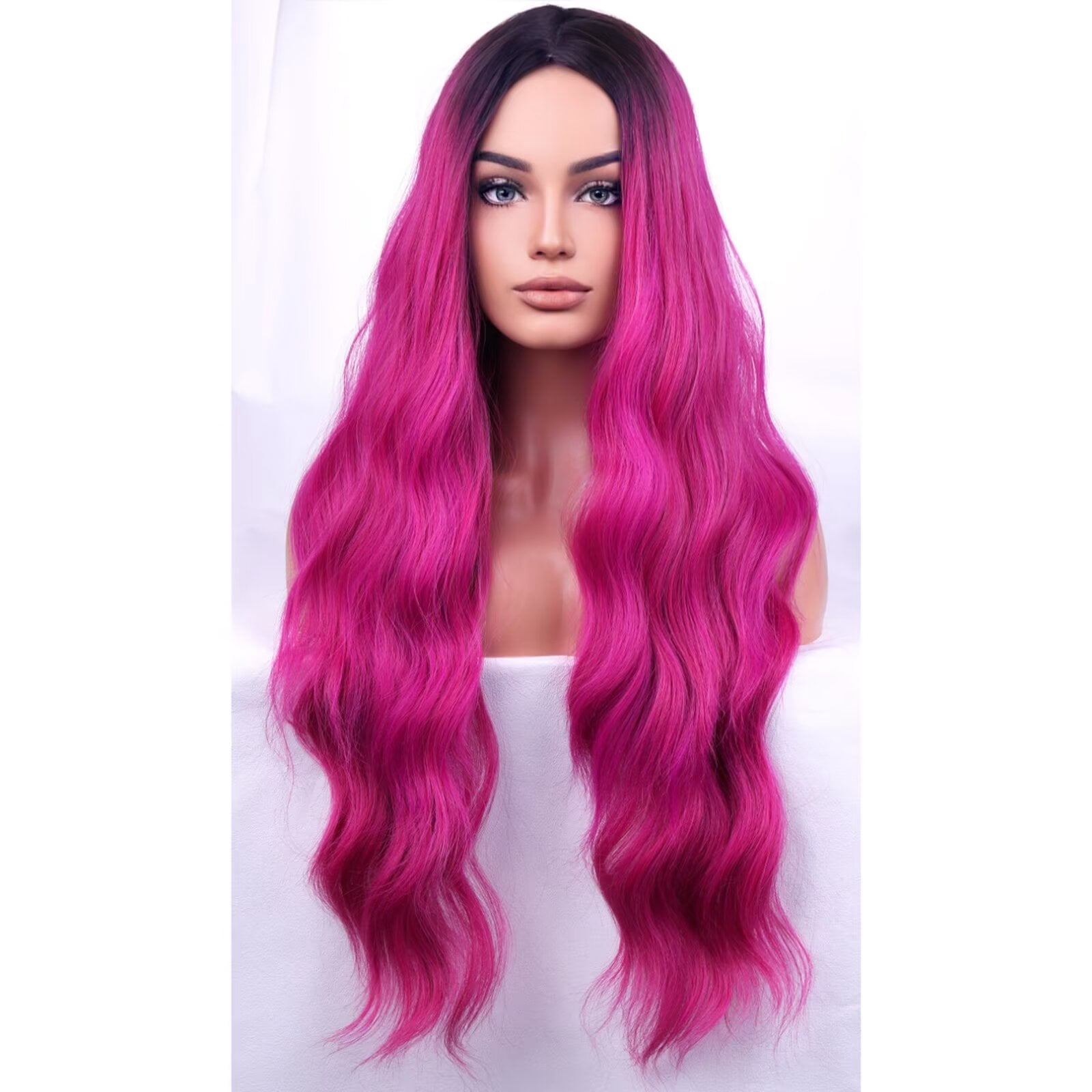 BERON Hot Pink and Purple Long Curly Wave Hair Wig for Women Girls Ombre Rose pink Heat Resistant Synthetic Wigs for Cosplay Party or Daily