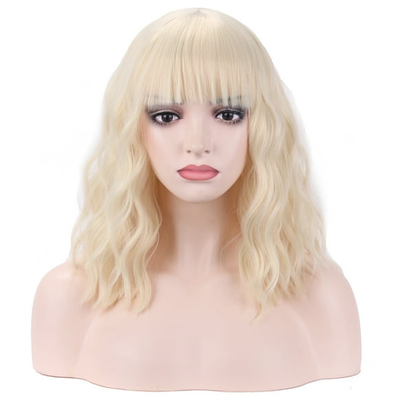 BERON Light Blonde Short Curly Bob Wig With Bangs for Women Girls Heat Resistant Hight Density Synthetic Wig for Cosplay Girls Party or Daily Use Wig Cap Included