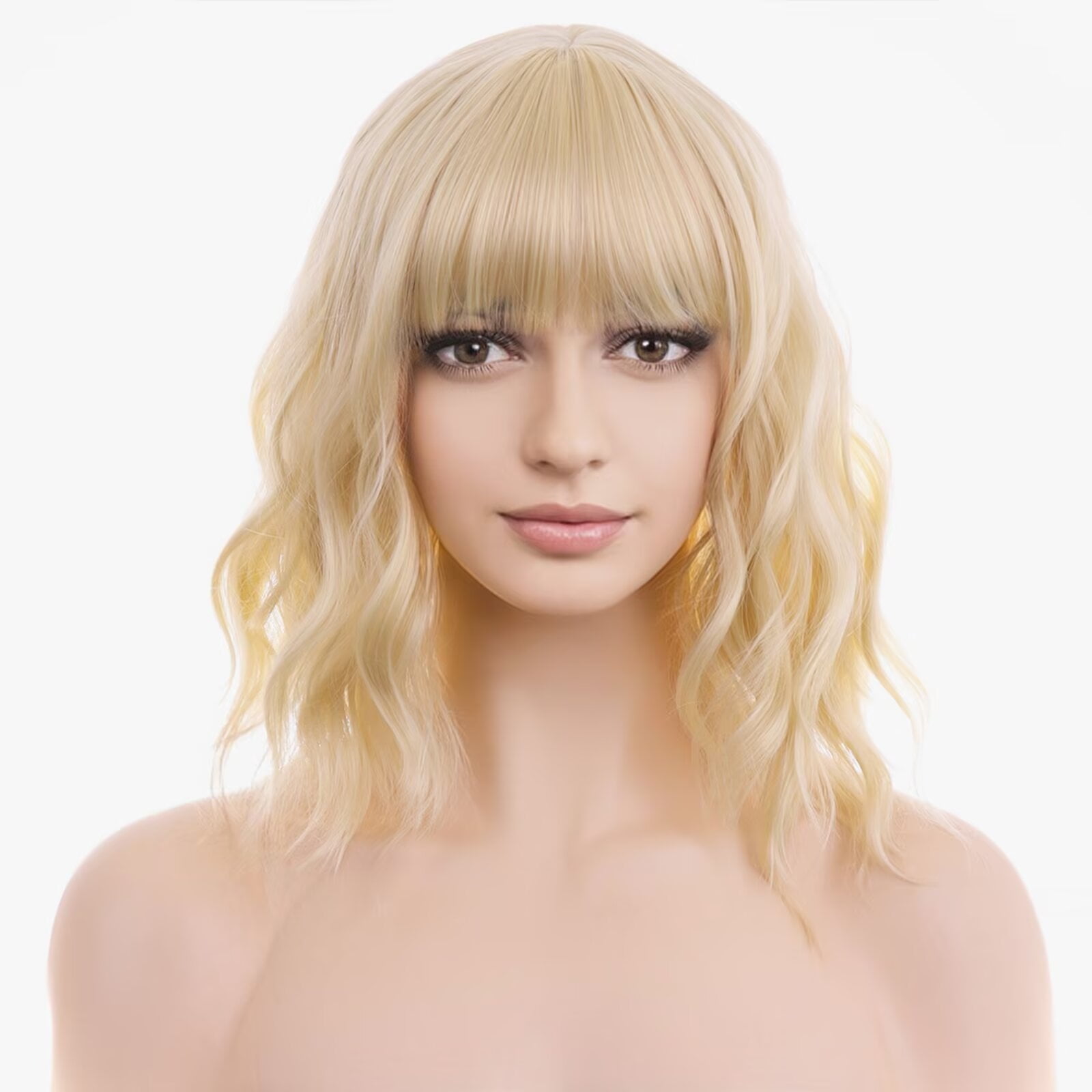 BERON Light Blonde Short Wavy Wig with Bangs Women Blond Curly Bob Hair Wigs Heat Resistant Synthetic Wig for Party Cosplay Daily